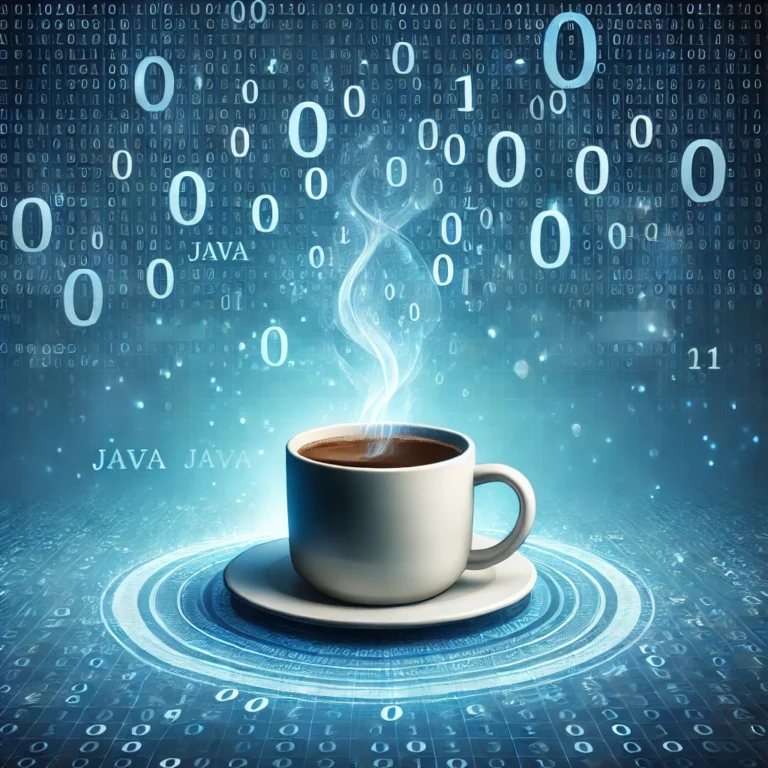 An artistic illustration of a steaming coffee cup surrounded by floating binary numbers in a digital environment. The background has a subtle blue gradient, representing programming and technology. The design is clean and modern, focusing on Java's connection to programming and its iconic coffee cup logo concept, but does not use copyrighted logos.