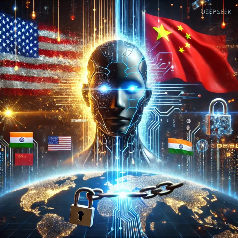 DALL·E 2025-02-06 19.23.03 - A futuristic and dramatic illustration depicting the global AI competition. In the center, a Chinese AI model represented as a sleek, high-tech robot