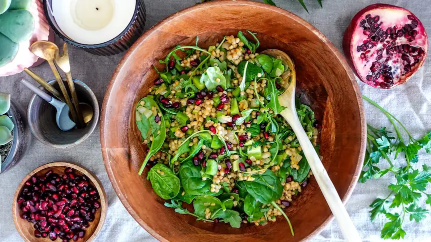 Healthy Ramadan Iftar: Quick Pearl Couscous Salad with Leafy Greens & Pomegranate