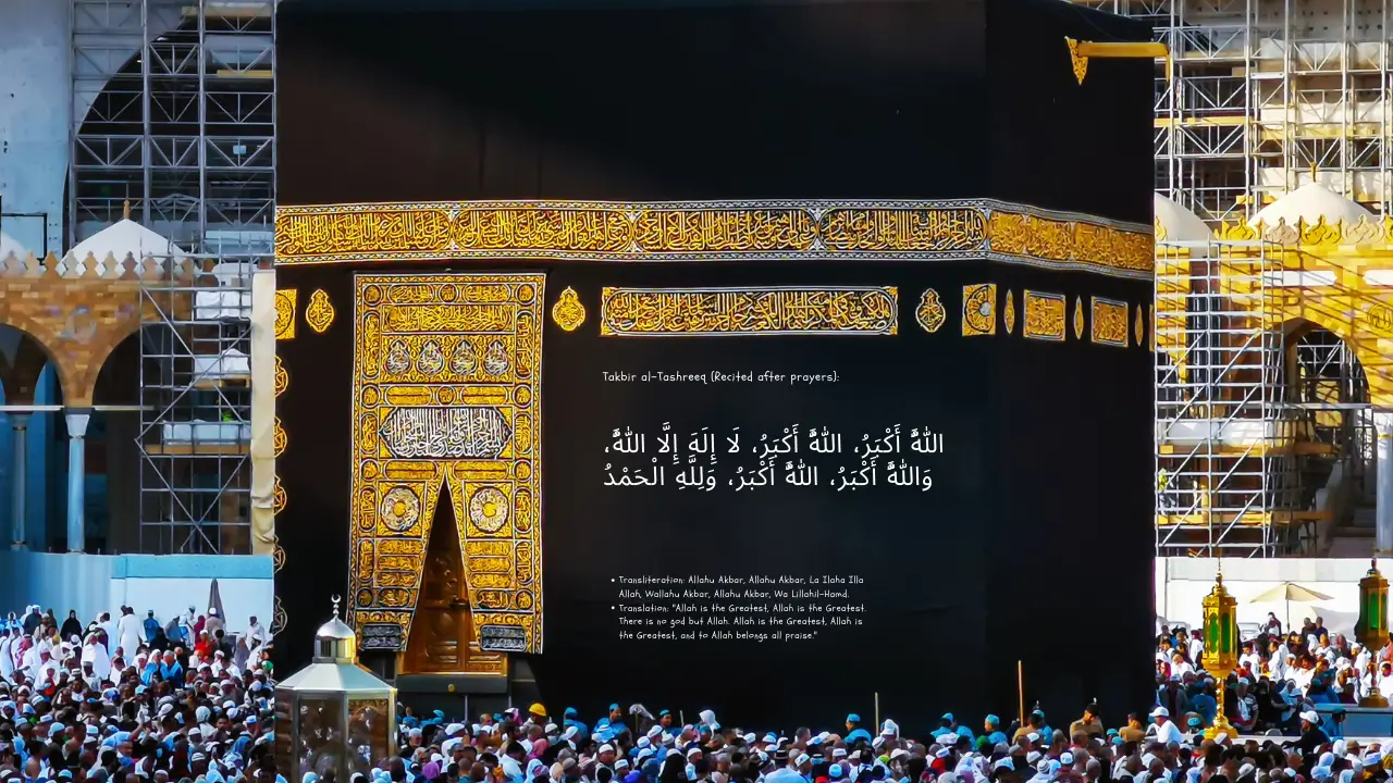 Infographic titled Hajj 2025: 5 Critical Rules Every Pilgrim Must Follow Before Entering Makkah. Includes Arabic text of the Takbeer (Allahu Akbar) and Tashreeq chants, with transliterations and translations. Bottom text reads WWW.RANDOM26BLOCS.COM. Note: Some transliterations appear mistranslated (e.g., 'Alba' instead of 'Allahu Akbar').